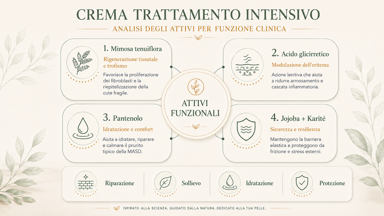 Analisi degli attivi per funzione clinica: Mimosa tenuiflora, acido glicirretico, pantenolo, jojoba e karité