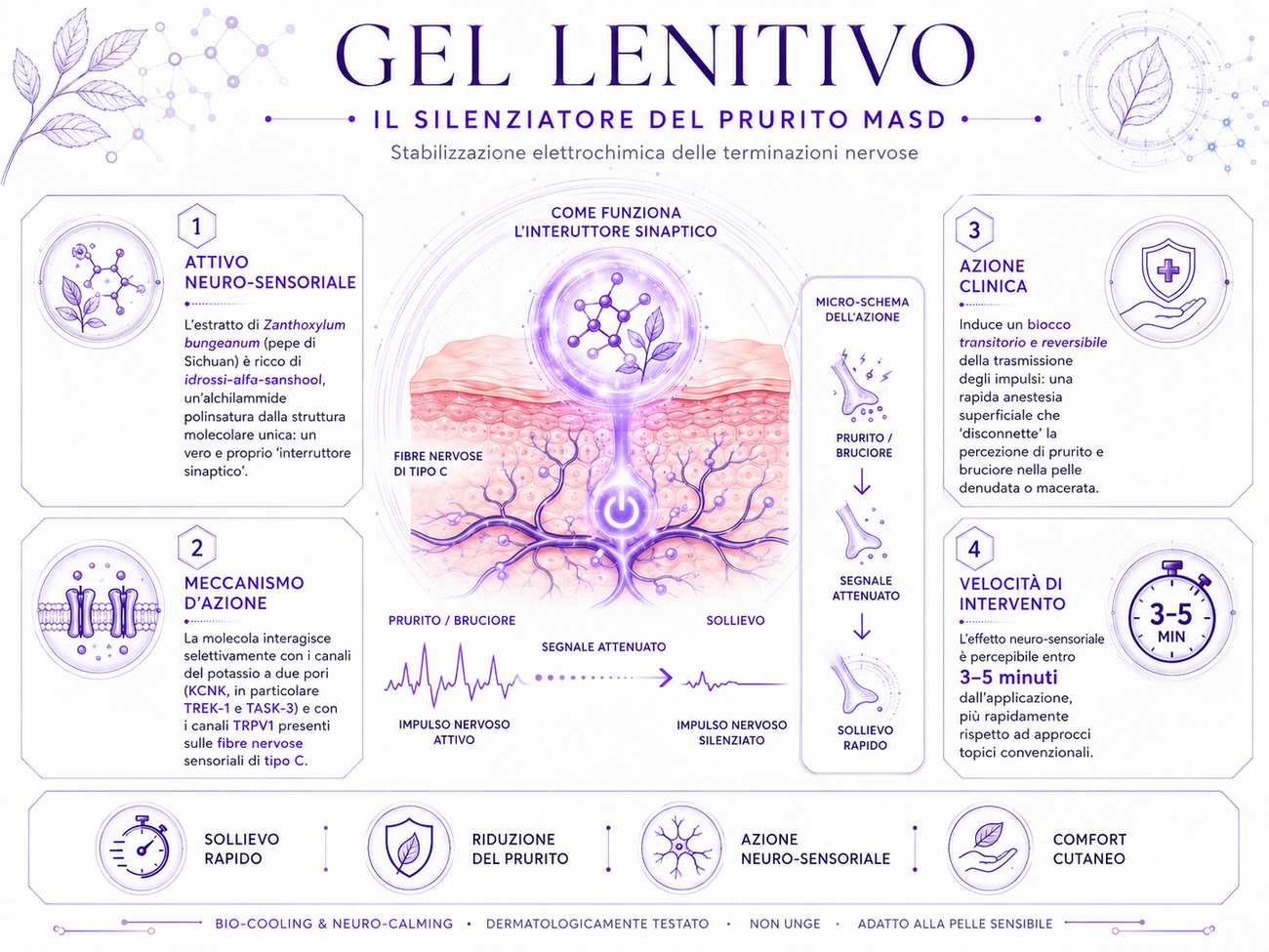 Gel Lenitivo — Il silenziatore del prurito MASD: attivo neuro-sensoriale (Zanthoxylum bungeanum), meccanismo d'azione sui canali KCNK/TRPV1, blocco reversibile del prurito e sollievo in 3-5 minuti