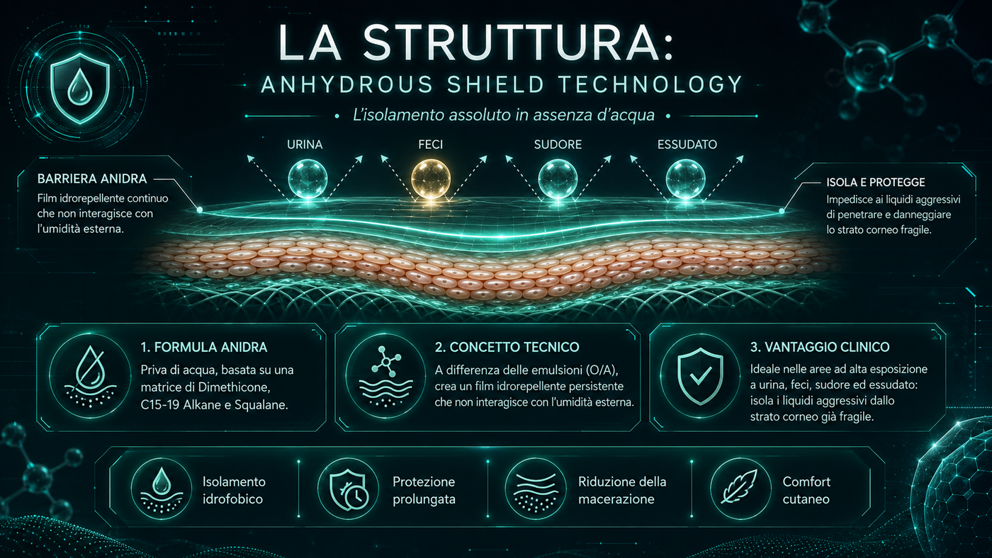 Anhydrous Shield Technology: film idrorepellente anidro che respinge urina, feci, sudore ed essudato, isolando lo strato corneo fragile