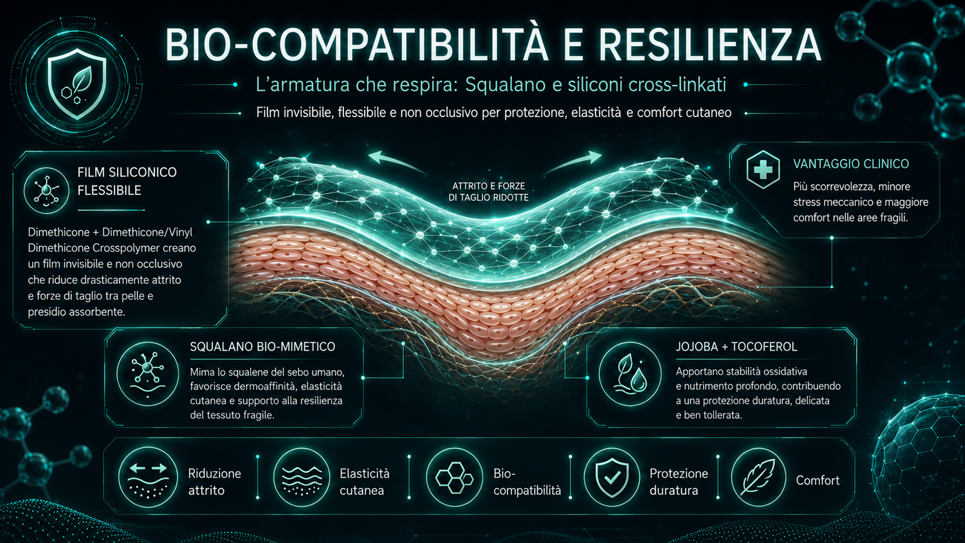 Bio-compatibilità e resilienza: film siliconico flessibile (Dimethicone e crosspolymer), squalano bio-mimetico e Jojoba con Tocoferolo che riducono attrito e forze di taglio garantendo elasticità e comfort cutaneo