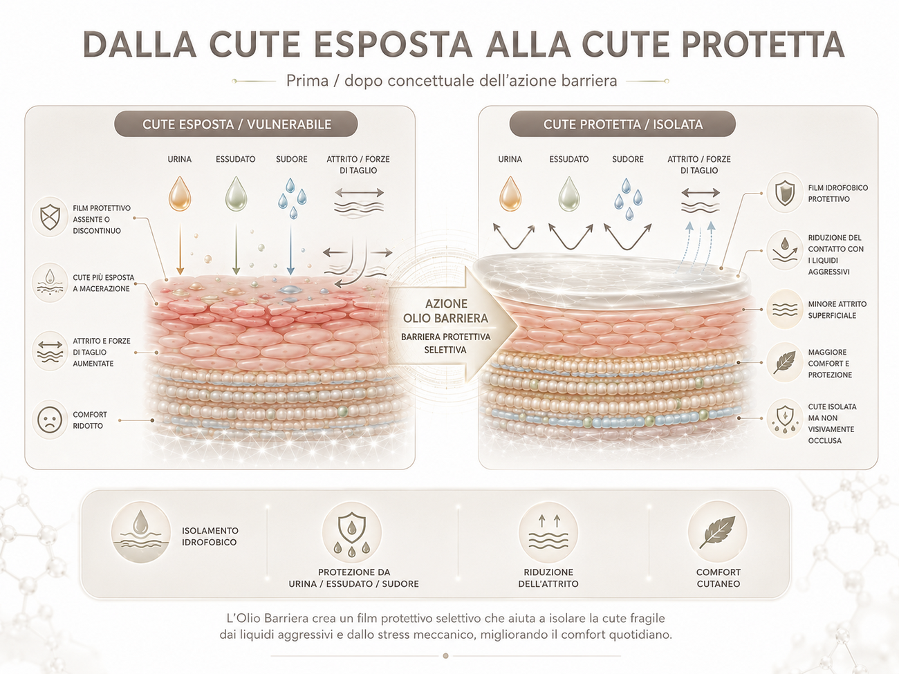 Olio Barriera — dalla cute esposta alla cute protetta: prima/dopo concettuale dell'azione barriera contro urina, essudato, sudore e attrito, con isolamento idrofobico selettivo