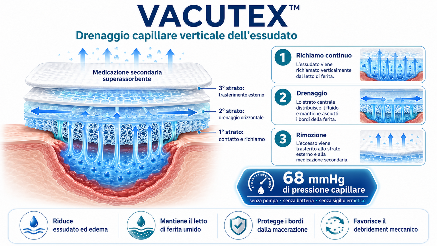 Meccanismo d'azione di Vacutex: drenaggio capillare verticale dell'essudato attraverso i tre strati, 68 mmHg di pressione capillare